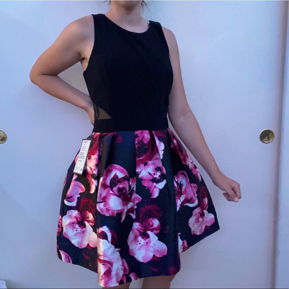 Black dress with pink flowers, size 14